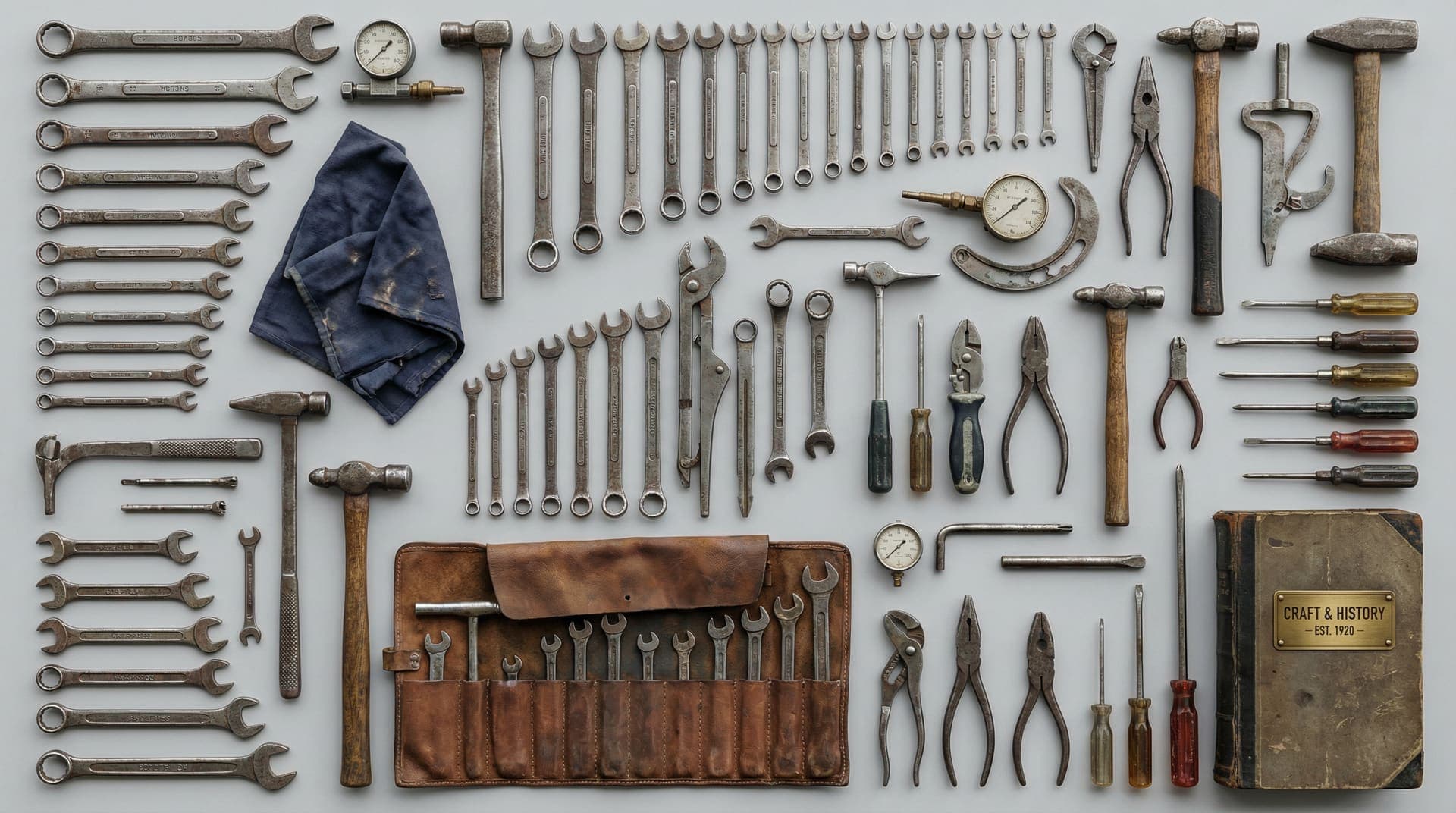 Vintage automotive tools arranged neatly